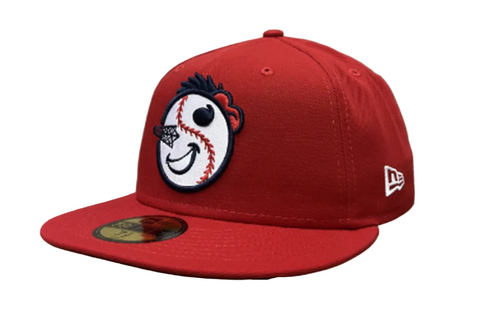 Red baseball cap with a unique logo on a gray background